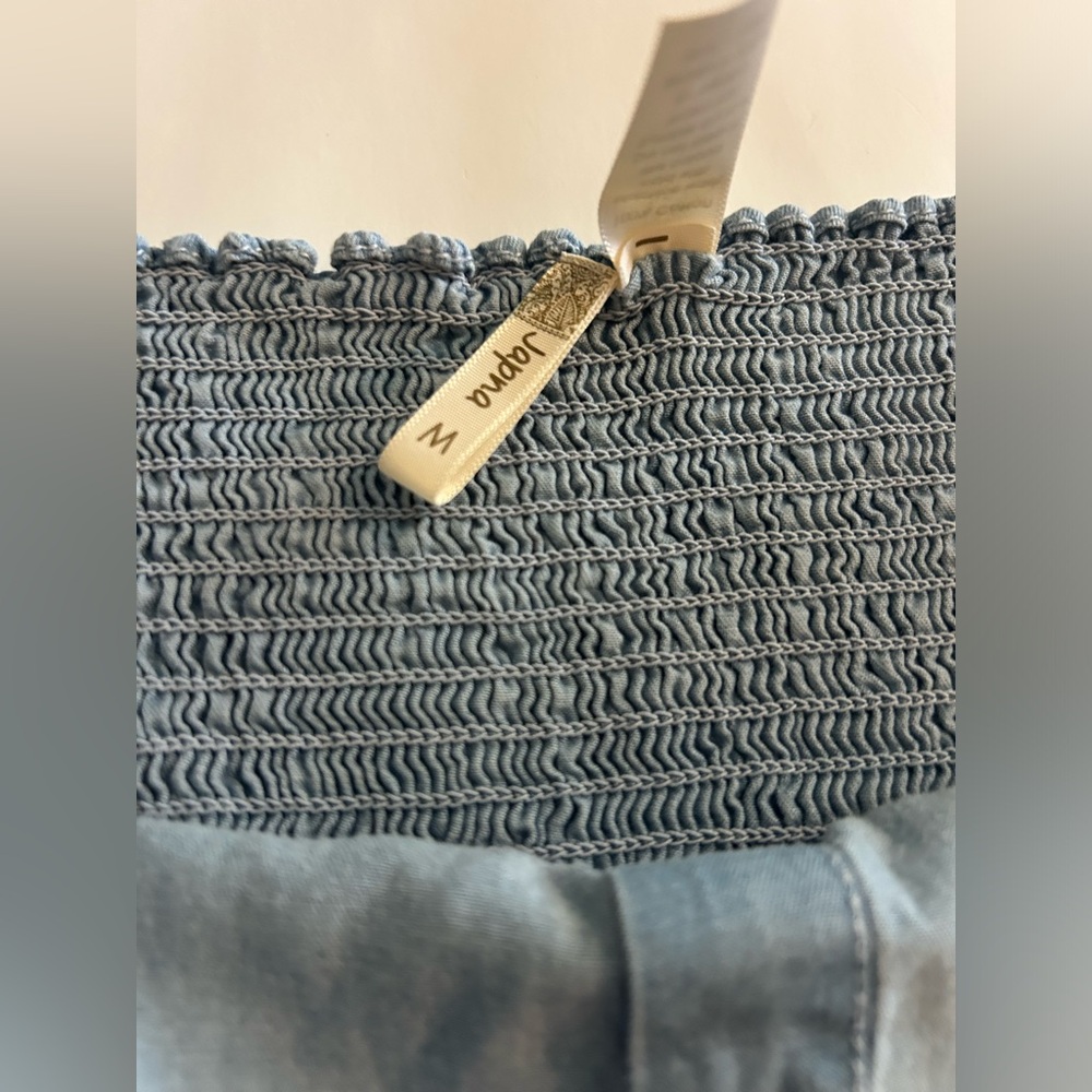 Japna Women’s M Blue Denim Dress Front Buttons Ruffles Steatchy Back Adjustable - Picture 7 of 8